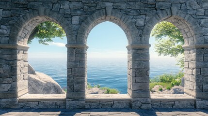 Fototapeta premium Historic medieval stone arched windows with romantic view of sea or ocean, summer landscape background. Generation of Ai
