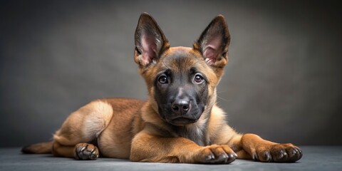 Obraz premium Adorable Belgian Malinois puppy lying down on a gray background, showcasing its fluffy coat and cute facial expression, with ears and paws relaxed.