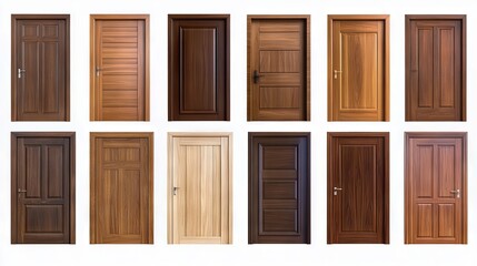 A set of different types of wooden doors on a white background