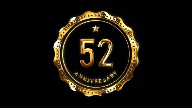 52nd Anniversary Celebration. Happy 52 Years Anniversary Animation in Gold Color on the Transparent Background, Alpha Channel. Great for greetings, celebrations, events, and gifts.