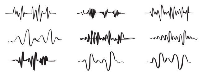 Sound waves doodle audio frequency radio signal voice line waveform volume music level symbol vector.