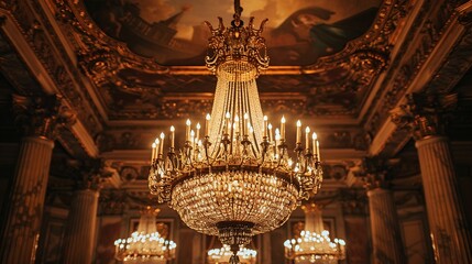 Obraz premium Chandelier hanging under a ceiling in a palace