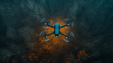 A drone flying through a forest at night