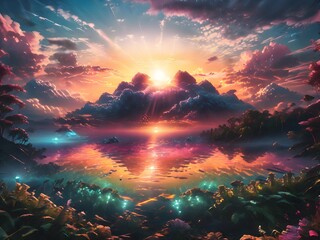 This captivating image features a man standing on a hill, gazing at a breathtaking sunset that paints the sky in vibrant hues of orange, pink, and purple.