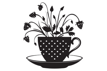 A hot brown coffee cup with flowers on a saucer, a delightful breakfast beverage illustration