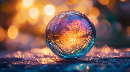 A Colorful Sphere Reflecting a Serene Landscape with Bokeh Lights