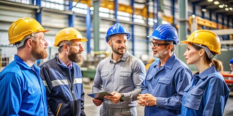 Team Collaboration in a Manufacturing Environment. A group of professionals in hard hats and safety gear are engaged in a discussion in a spacious industrial facility. 