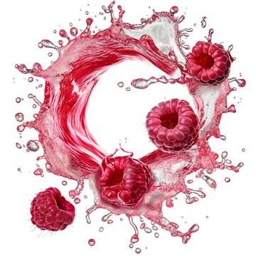 Photography of circular bright blue raspberry lemonade splash swirl, raspberry halves floating isolated white background