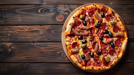 Top view of a delicious pizza with olives on top. Generative Ai