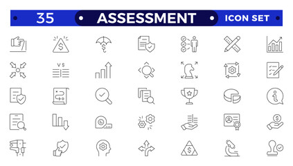 Assessment icons set. Stroke thin line vector illustration with goals, results, process, quality, evaluation, planning, analysis, auditing, financial report, measuring, expertise
