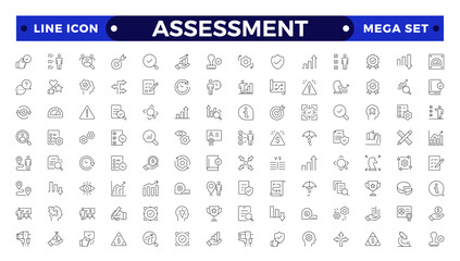 Assessment icons set. Stroke thin line vector illustration with goals, results, process, quality, evaluation, planning, analysis, auditing, financial report, measuring, expertise
