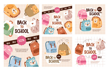 Back to school social media template set. Trendy school promotion posters with school backpacks. Flat vector illustration