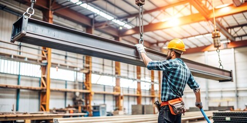 Fototapeta premium Steel Beam Handling in Industrial Factory. A skilled factory worker in safety gear carefully guides a steel beam being moved by a crane within a busy industrial warehouse setting.