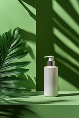 Elegant Product Photography of Bottles on Minimalistic Dark Green Background with Tropical Leaf and Soft Shadows