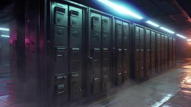 The locker room is damp and foggy. The atmosphere is very dark and creepy with little light. Video smooth short 4K