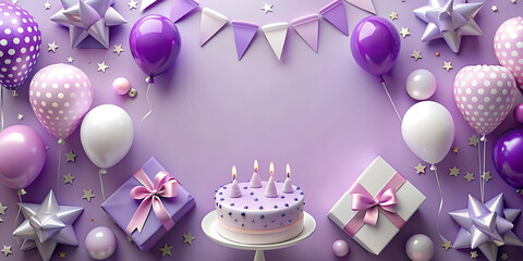 birthday cake with balloons and  purple background