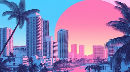 Miami summer vibes retro illustration with vintage pink and blue tones, 80s aesthetics, palm trees, and tropical buildings, perfect for nostalgic beach scenes. AI generated illustration.