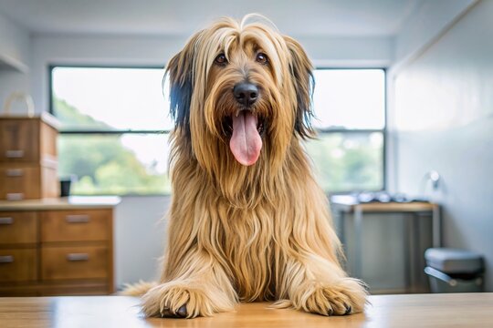 Adorable briard dog with shaggy coat and floppy ears sticks out extremely long tongue, tongue lolling out, awaiting vet examination in a clinical setting.