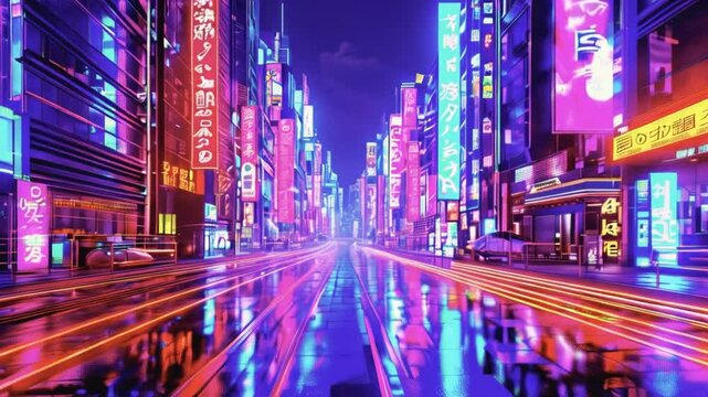 abtract colorful futuristic night city background, tokyo, neon signs, long exposure lights, 3d render, 3d illustration