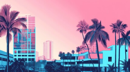 Obraz premium Miami Summer Vibes retro illustration. Vintage pink and blue colors, buildings, California palm trees, 80s style. Generation of Ai