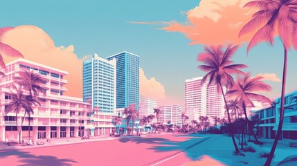 Obraz premium Miami Summer Vibes retro illustration. Vintage pink and blue colors, buildings, California palm trees, 80s style. Generation of Ai