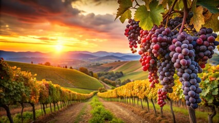 Naklejka premium Ripe red grapes on vineyards in Tuscany, Italy at sunset, harvest, autumn, vineyard, agriculture, nature, sunset, Tuscany