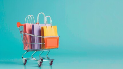 small paper shopping bags , blue background shopping bags , shopping cart shopping bags , paper bags with shopping cart