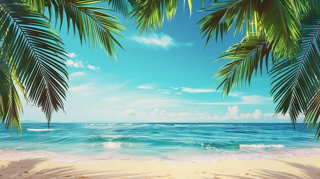 Tropical beach scene with bordering palm trees. Generative Ai