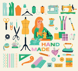 Set of sewing tools icons tailor girl hand made workshop