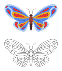 Butterfly Coloring page template. Colorful and black white butterfly doodle style. Beautiful insects line art, Hand Drawn. Retro style. Spring summer seasons. Coloring book