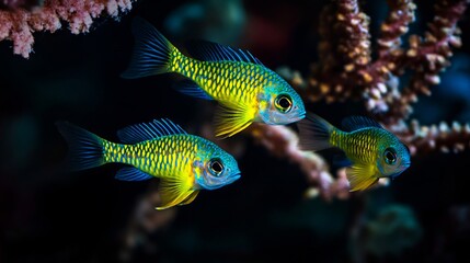 Obraz premium A group of yellow and blue fish swimming in an aquarium