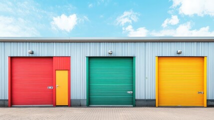Naklejka premium Mini colorful metal sheds for rent, shed exterior, industrial garage building. Ai generation