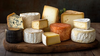 Artisanal Cheese Board Poster: A Gourmet Selection of Textured Cheeses on Dark Wood – Perfect for Culinary Decor in Your Kitchen or Dining Area!