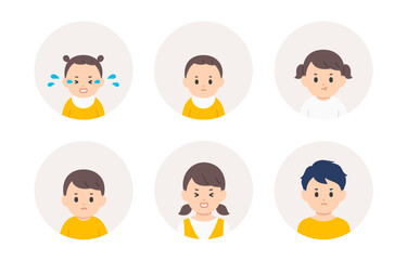 ネガティブな赤ちゃん･子どもの顔アイコンセット【人物ベクターイラスト素材】
