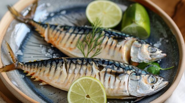 fresh Indian mackerel fish in a plate with lime