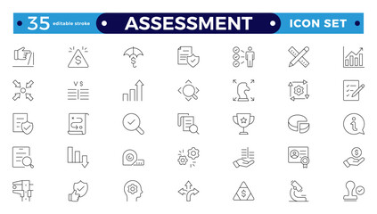  Assessment icons set. Editable stroke outline icon with goals, results, process, quality, evaluation, planning, analysis, auditing, financial report, measuring, expertise. 