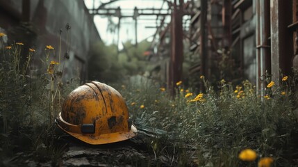 Create a conceptual image of an empty construction site with weeds growing through cracks in the ground, an abandoned helmet, and rusting equipment