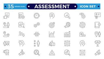 Assessment icons set. Editable stroke outline icon with goals, results, process, quality, evaluation, planning, analysis, auditing, financial report, measuring, expertise. 