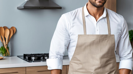 man using apron mock-up ready to cook, with copy space food concept