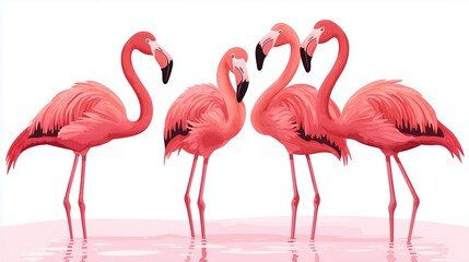 Obraz premium Group of flamingos standing in shallow water with vivid pink hues watercolor style.