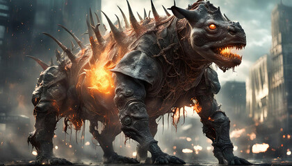 zombie rhino,The aberration is a rotting, wet, rotting alien rhinoceros rat with many slime-oozing limbs it stomps through the burning city