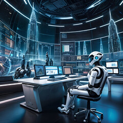 Office with advanced technology and robots working on graphics throughout the city.