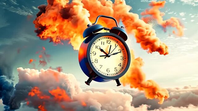 A clock emerges dramatically from billowing clouds, signaling an explosive start to a new day filled with wonder and anticipation