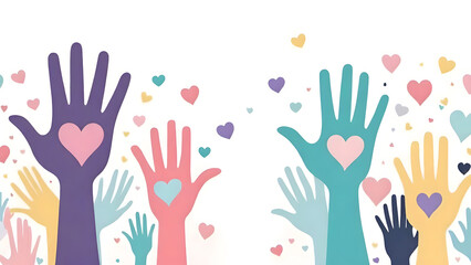 Fototapeta premium a group of raised hands in a colorful banner in vector style, symbolizing unity, volunteerism, and collective effort It represents the concept of helping hands coming together