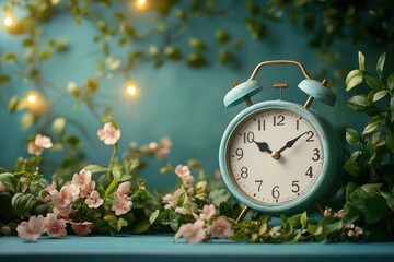 A vintage alarm clock surrounded by flowers and greenery, creating a serene atmosphere.