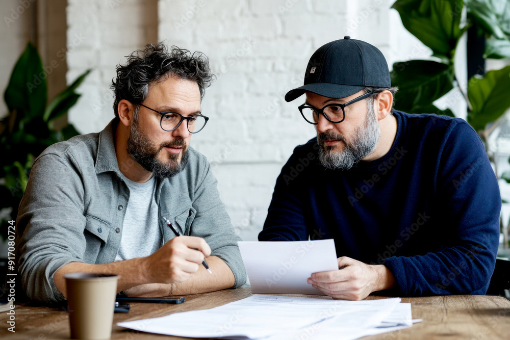 Wall mural a director and screenwriter discussing a film script at a table