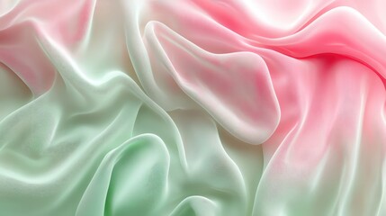 Fototapeta premium Light pink and green flowing chiffon fabric texture. Bright summer banner, material, photorealistic abstract background. AI generation