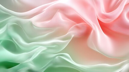 Obraz premium Light pink and green flowing chiffon fabric texture. Bright summer banner, material, photorealistic abstract background. AI generation