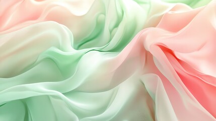 Obraz premium Light pink and green flowing chiffon fabric texture. Bright summer banner, material, photorealistic abstract background. AI generation