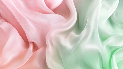 Obraz premium Light pink and green flowing chiffon fabric texture. Bright summer banner, material, photorealistic abstract background. AI generation